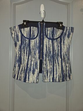 Micas Blue and Cream Strapless Bustier Top